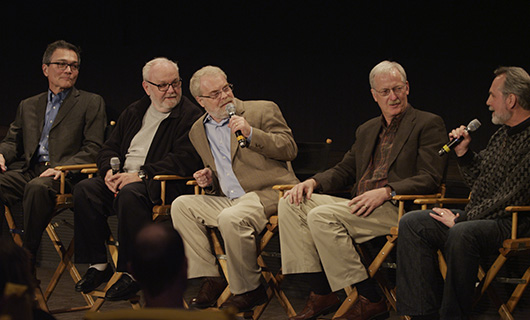 A panel of animation veterans, including Andy Gaskill, Burny Mattinson, Ron Clements, John Musker, and Doug Lefler, all of whom worked with Mel during his second tenure at Disney.