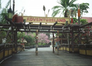 photo of entrance to Adventureland with wooden decking and bamboo built pergola and sign for Adventureland