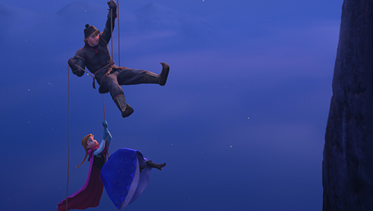 still from animated movie Frozen showing Elsa and Kristoff dangling from ropes on the side of a mountain