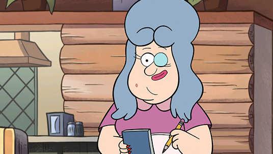 still from animated series Gravity Falls showing Lazy Susan taking orders in a rustic restaurant