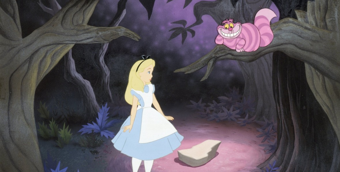 Alice and the Cheshire Cat from the 1951 animated film "Alice in Wonderland" from Walt Disney Productions.