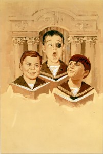 illustration of three boys singing from hymnals, one with a black eye, from Almost Angels