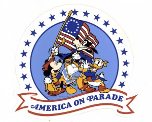 illustrated logo art for America on Parade featuring Mickey Mouse and Donald Duck carrying Old Glory