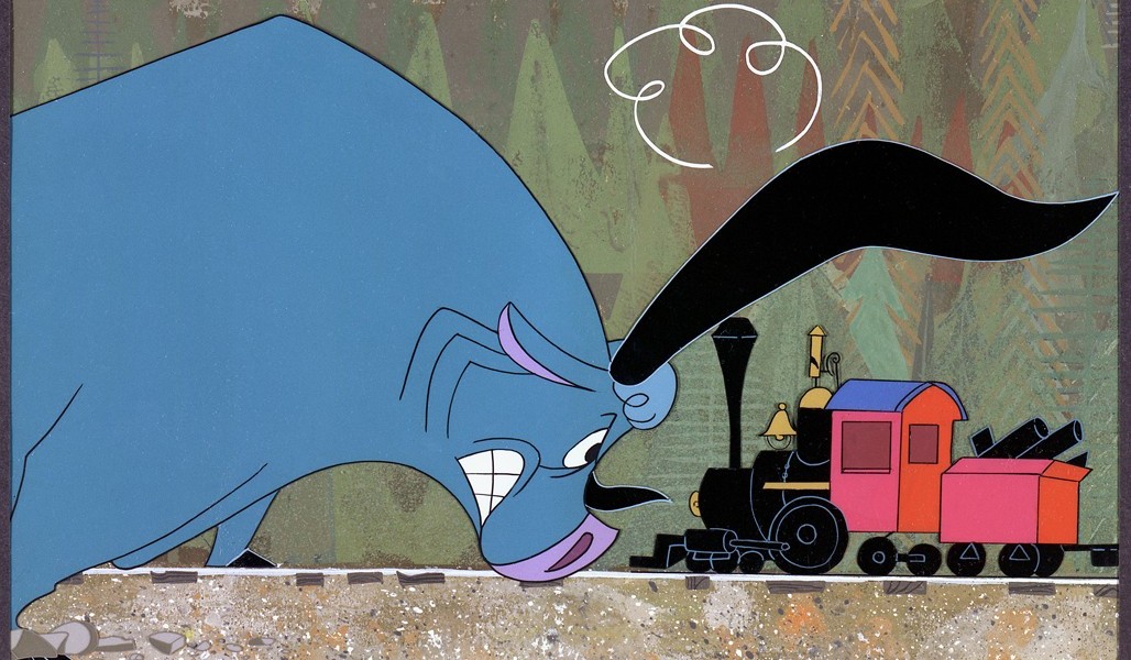 still frame from Bunyan (1958) showing Babe, the blue ox, pushing locomotive engine head to head