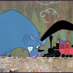 still frame from Bunyan (1958) showing Babe, the blue ox, pushing locomotive engine head to head