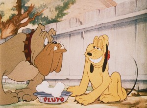still from Bone Trouble (film) cartoon featuring Pluto smiling at an enormous bull dog with a dog bone in between