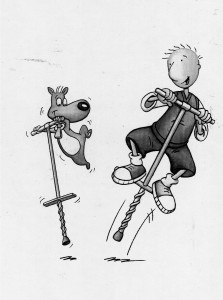 illustration of dog and boy bouncing on pogo sticks