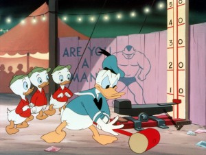 animation cel from Canvas Back Duck (film) featuring Donald Duck with Huey, Dewey, and Louie