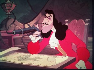 animation cel of Captain Hook seated holding a flintlock pistol