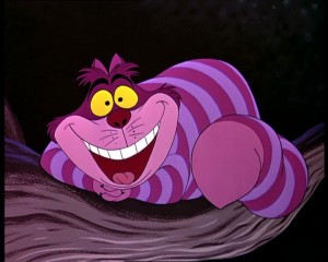 animation cel from Alice in Wonderland showing Cheshire Cat curled up smiling