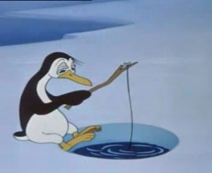 cel from cartoon The Cold Blooded Penguin showing penguin ice fishing