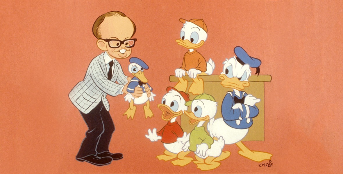 Illustration of Dave Smith caricatured holding a small Donald Duck out to the real Donald Duck and Huey, Dewey, and Louie