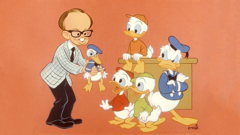 Illustration of Dave Smith caricatured holding a small Donald Duck out to the real Donald Duck and Huey, Dewey, and Louie