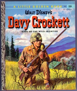 illustrated book cover Davy Crockett, King of the Wild Frontier, crouching in his leather jacket and coonskin cap holding his rifle