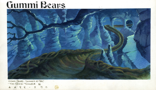 illustrated background art for Gummi Bears animated television show featuring green trough-like pathway looping through underground carverns