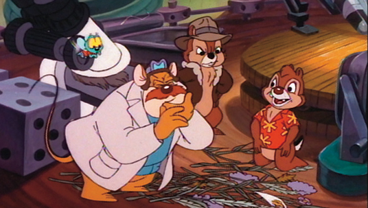 still from animated show Chip 'N' Dale Rescue Rangers showing Chip and Dale meeting with Monterey Jack