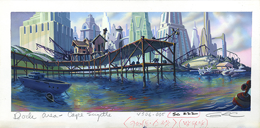 illustrated background art for Cape Suzette from animated TaleSpin showing docks in foreground and city buildings on horizon