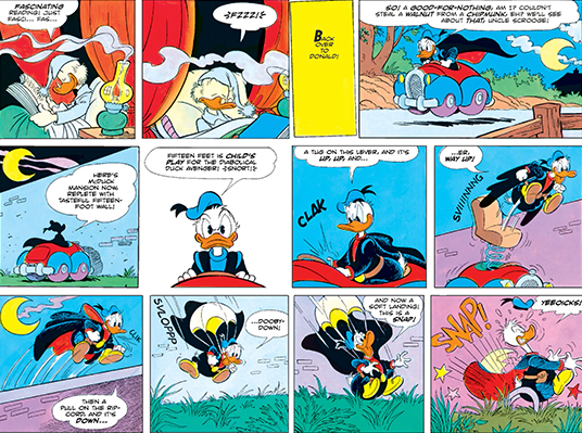 Donald first gets used to his vigilante gear in Paperinik il diabolico vendicatore (The Diabolical Duck Avenger, 1969); story by Elisa Penna and Guido Martina, art by Giovan Battista Carpi.