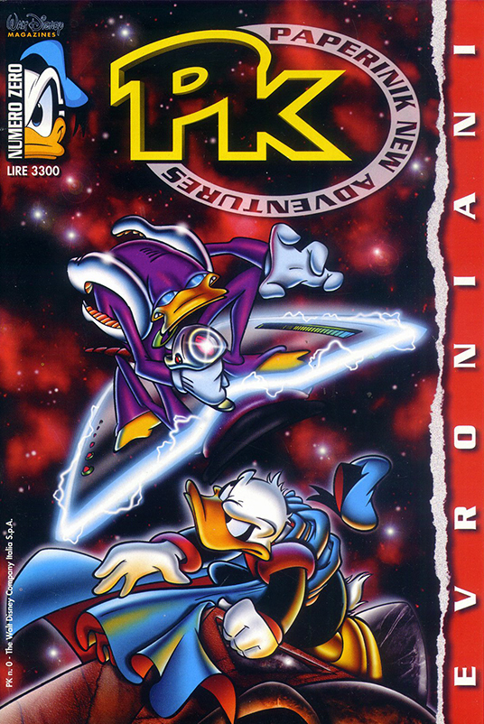 Duck Avenger versus the Evronians on the cover of PK: Paperinik New Adventures 00 (1996); art by Marco Ghiglione.