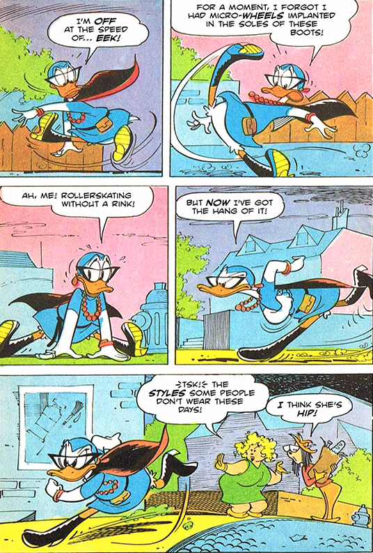 Daisy takes her lumps becoming a hero, too. From Paperinika e il filo di Arianna (Super Daisy and Ariadne’s Thread, 1973); story by Guido Martina, art by Giorgio Cavazzano.