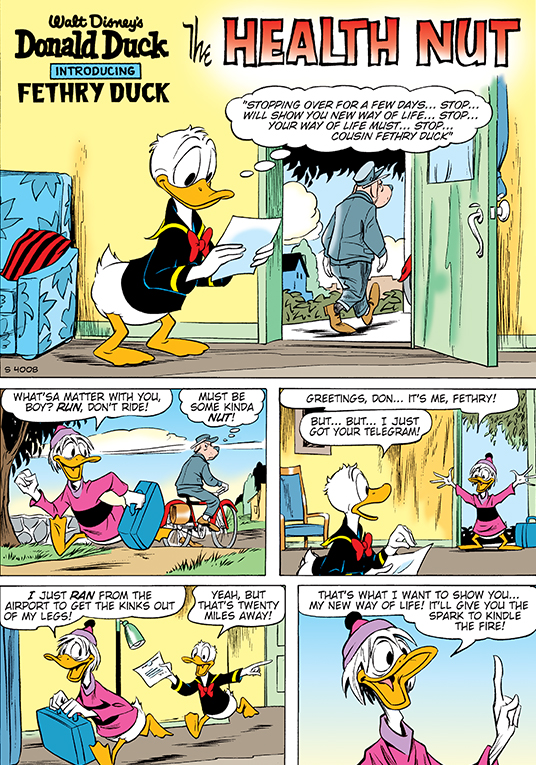 Fethry enters Donald’s life with a telegram. From The Health Nut (1964; version from Walt Disney’s Comics and Stories 638, 2003).