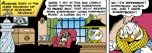 The earliest Scrooge was a grouchy Christmas crank—much like his Dickensian namesake. From Christmas on Bear Mountain (Four Color 178, 1947); story and art by Carl Barks.
