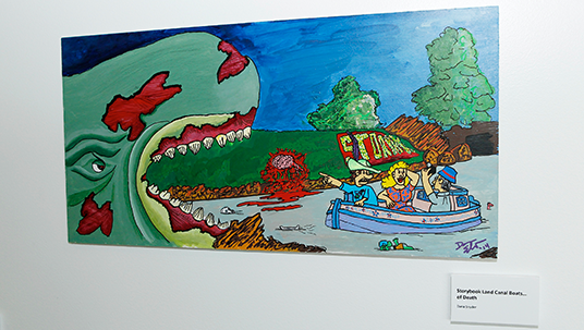 photo of actor Dana Synder's colorful illustration of a zombie whale about to swallow a boatful of tourists inspired by Disneyland's Storybook Land Canal Boats