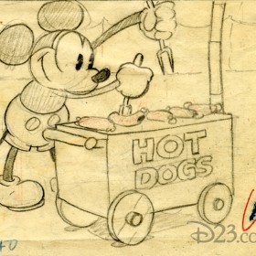 1920 storyboard sketch of Mickey Mouse selling hot dogs at a carnival