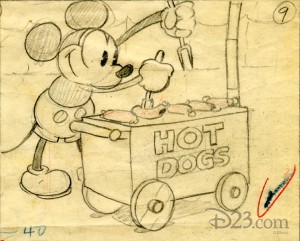 1920 storyboard sketch of Mickey Mouse selling hot dogs at a carnival