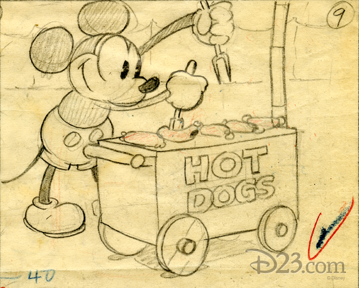 Early storyboard sketches of Mickey Mouse preparing hot dogs