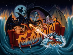 poster art for the Fantasmic! evening water show, featuring Mickey Mouse dressed as a wizard and battling a host of cartoon characters