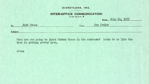 typewritten memo dated dated July 11, 1955 from Joe Fowler to Jack Evans announcing Mickey Mouse floral for Disneyland entrance