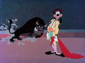 cel from cartoon For Whom the Bulls Toil featuring Goofy smiling as an enraged bull charges him