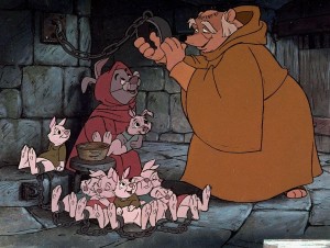 cel from animated Robin Hood featuring badger Friar Tuck