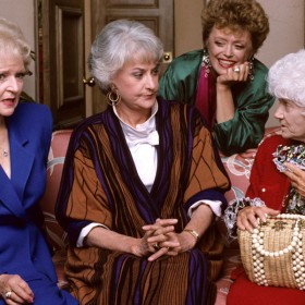 Rue McClanahan (Blanche Devereaux), Betty White (Rose Nyland), Bea Arthur (Dorothy Zbornak), and Estelle Getty (Sophia Petrillo) from The Golden Girls Television series