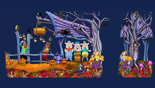 The Three Little Pigs and Horace join Mickey's Halloween Celebration on their brand new float "Raise the Rafters!" 