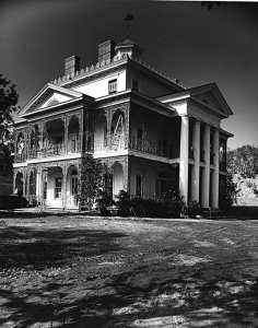black and white daytime photo of Haunted Mansion