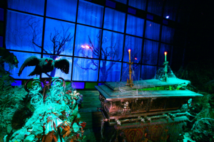 photo of interior of The Haunted Mansion attraction at Disneyland showing a creepy coffin and glaring raven