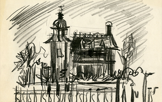 charcoal and paper sketch of Haunted Mansion