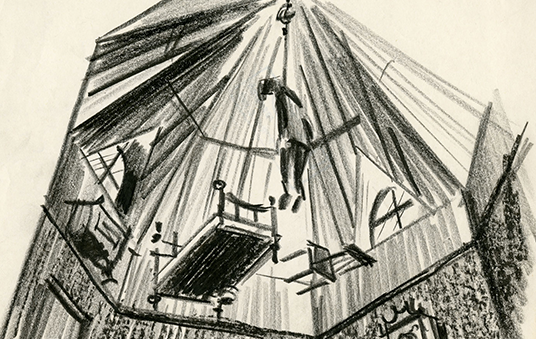 Rough charcoal and paper concept sketch of a proposed gallery with body hanging from ceiling apex high above and a transparent floor of the upper room where the body is suspended
