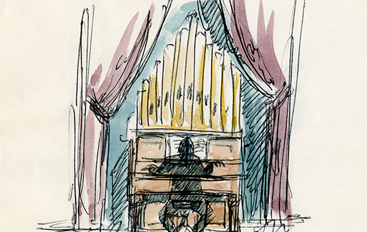 Rough ink and gouache concept painting of large pipe organ and dark figure playing it