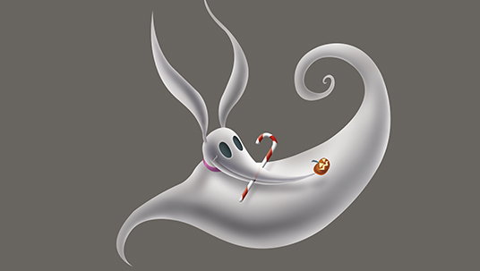 illustration of a very stylized elongated ghost with a partially eaten apple stuck on the pointed end of its very long beak-like nose and gripping a hooked red-and-white striped candy cane in its unseen mouth with long tapering ears drifting upwards like wisps of smoke