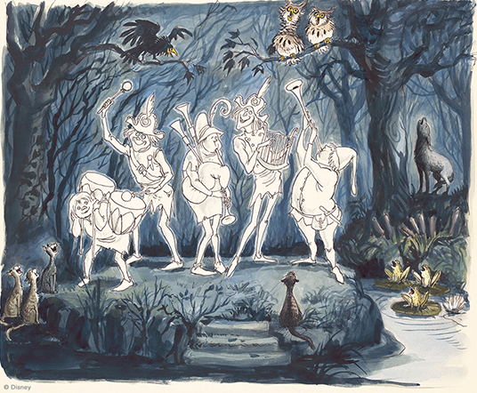 artist's painted rendering by Imagineer and Disney Legend Claude Coats of proposed water ride version of Haunted Mansion, showing meowing cats gathered around four ghostly musicians at the edge of a swamp with frogs, owls, a wolf and a vulture all singing along