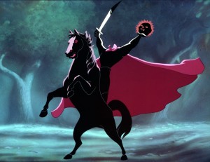 cel from animated The Adventures of Ichabod and Mr. Toad showing headless horseman atop rearing stallion brandishing sword red cape flowing