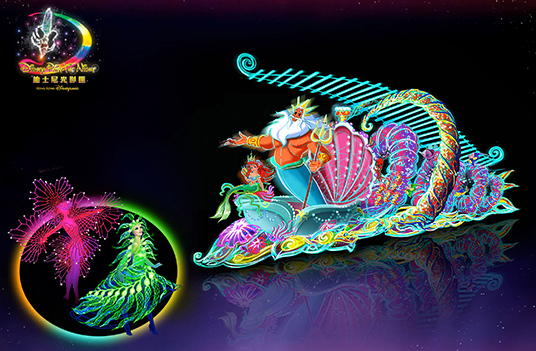 King Triton, Ariel, and a school of glowing "sea creatures" at Hong Kong Disneyland Paint the Night