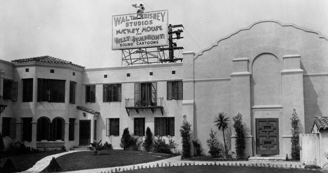Black and white photograph of the front of the original Walt Disney Studios at 2719 Hyperion in Los Angeles.
