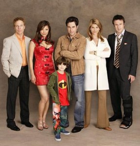 group portrait of six-member cast of television show In Case of Emergency