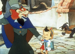 cel from Pinocchio showing fox J. Worthington Foulfellow escorting Pinocchio