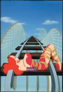 still from animated portion of Who Framed Roger Rabbit showing Jessica Rabbit tied to the tracks of a roller coaster