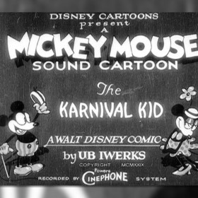 Poster featuring Mickey and Minney in The Karnival Kid, the first Mickey Mouse cartoon in which Mickey speaks